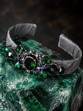 Emerald Gray Grey Grosgrain Ribbon Covered Rhinestone Formal Cuff Bracelet New